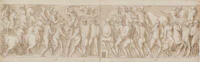 Fin de una marcha del emperador con sus legionarios y guardias (fin de XCIII); los romanos construyendo un campamento (inicio de XCIV); los romanos en una marcha con el emperador (XXXV / XXXVI) de Giovanni Guerra