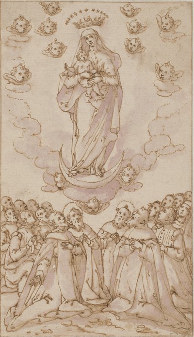 Madonna y el Niño en una luna creciente apareciendo a un grupo de santos, sacerdotes y laicos de Giovanni Guerra