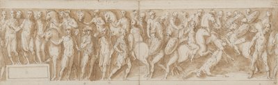 Marco Aurelio recibiendo un informe de la captura de las mujeres (LXXXVI); Marco Aurelio llega de una marcha (LXXXVII); un jefe germano es llevado (LXXXVIII); los últimos hombres del jefe caen (de un puente que Guerra no ha reproducido) (LXXXIX) de Giovanni Guerra