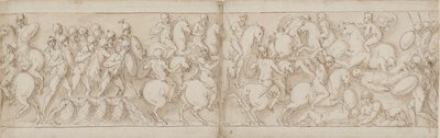 Marco Aurelio parte sobre un muelle con infantería y caballería (CVIII); los Sármatas son rechazados por los romanos avanzando (CIX) de Giovanni Guerra