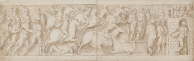 Arqueros romanos(?), asalto romano (XCIX); Marco Aurelio dirigiéndose a sus guardias (C); Marco Aurelio recibe una advertencia (CI) de Giovanni Guerra