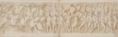 Caballería romana (LXV); una cabeza cortada (interpretada como un prisionero por Guerra) y un prisionero alemán son llevados ante el emperador (LXVI); romanos avanzando (LXVII) de Giovanni Guerra