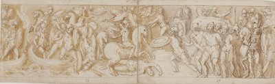 Soldados romanos cruzando un río en botes (en gran parte restauración; XXXIV); un soldado romano luchando (del final de XXIV); guardias romanos trayendo prisioneros bárbaros ante el emperador (omitido en el dibujo; final de XXV); comienzo de una marcha (co de Giovanni Guerra
