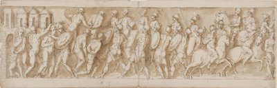 Líderes sármatas capturados por sorpresa y sus casas incendiadas por los romanos (CII); la llegada de legionarios y el emperador (omitido por Guerra) (CIII) de Giovanni Guerra