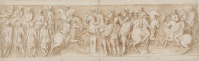 Sármatas ante el consejo imperial (final de LXII, comienzo de LXIII); rodeados por guardias, Marco Aurelio y Pompeyo a caballo observan una escaramuza (XC); nobles germanos trayendo un mensaje (hasta la mitad de XCI) de Giovanni Guerra
