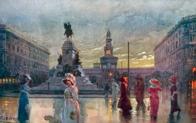 Milán / Milan: Largo Cairoli y Monum, en Garibaldi (litografía en color) de Giovanni Guerzoni