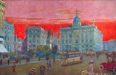 Milán / Milan: Piazza Cordusio (litografía en color) de Giovanni Guerzoni