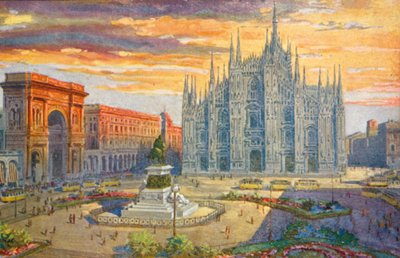 Milán / Milan: Piazza del Duomo (litografía en color) de Giovanni Guerzoni