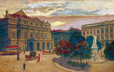 Milán / Milan: Piazza y Teatro della Scala (litografía en color) de Giovanni Guerzoni