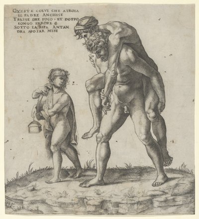 Eneas rescatando a Anquises, un niño llevando una linterna a la izquierda, ca. 1525 de Giovanni Jacopo Caraglio