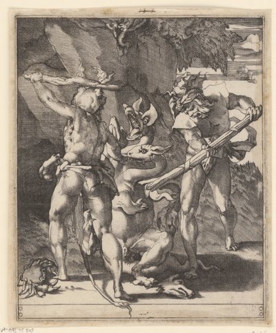 Hércules luchando contra la hidra de Lerna Escenas con Hércules (título de la serie) de Giovanni Jacopo Caraglio