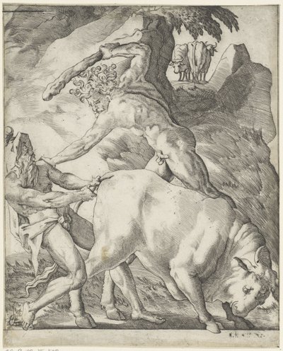 Hércules pelea con Caco Escenas con Hércules (título de la serie) de Giovanni Jacopo Caraglio
