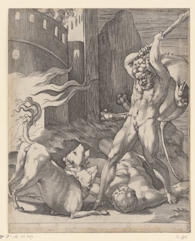 Hércules lucha contra el Cerbero Escenas con Hércules (título de la serie) de Giovanni Jacopo Caraglio