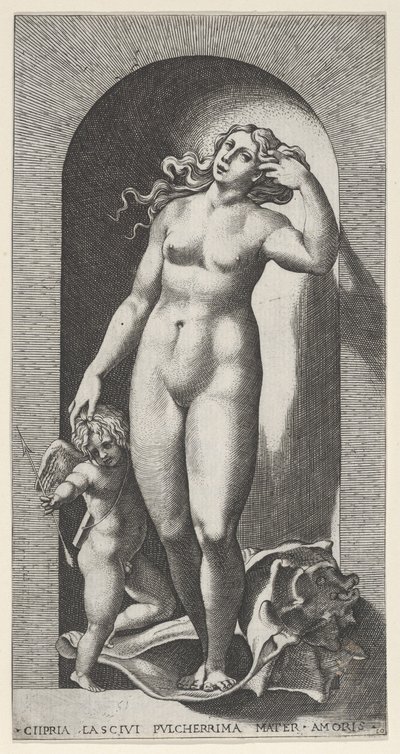Placa 10: Venus en un nicho, de pie sobre una concha, con Cupido a su derecha, de una serie, 1526 de Giovanni Jacopo Caraglio