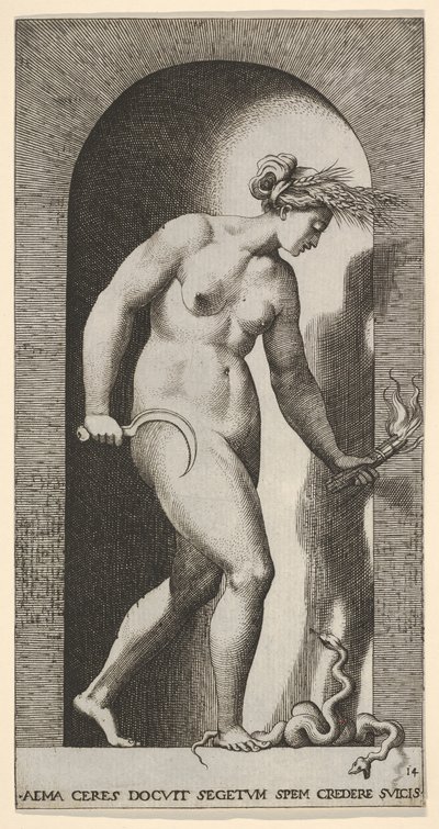 Placa 14: Ceres en un nicho, mirando a la derecha, de pie sobre una serpiente de dos cabezas y sosteniendo una hoz de Giovanni Jacopo Caraglio