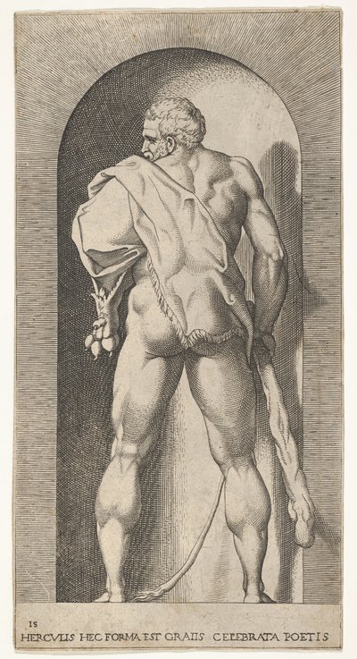 Placa 15: Hércules de pie en un nicho, vistiendo una piel de león y sosteniendo un garrote, visto desde..., 1526 de Giovanni Jacopo Caraglio