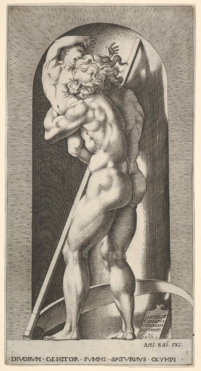 Placa 1: Saturno en un nicho devorando a su hijo, de pie ante una guadaña, de una serie de... de Giovanni Jacopo Caraglio