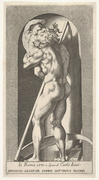 Placa 1: Saturno en un nicho devorando a su hijo, de una serie de... de Giovanni Jacopo Caraglio