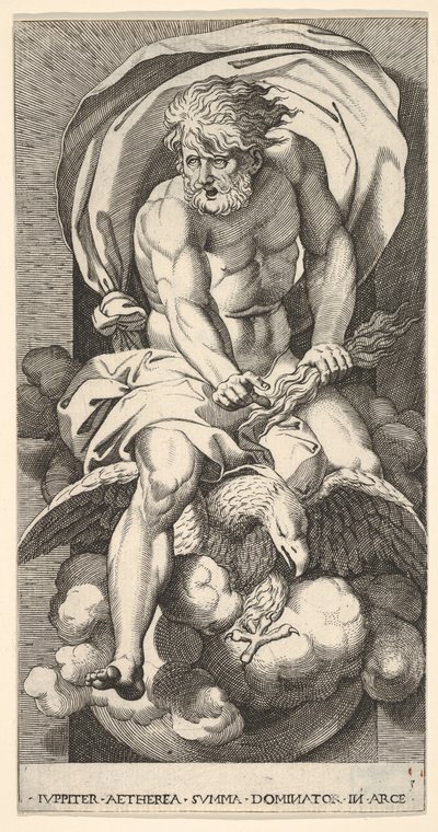 Placa 3: Júpiter emergiendo de un nicho, montando un águila y sosteniendo un rayo de Giovanni Jacopo Caraglio