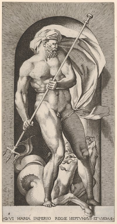 Placa 5: Neptuno de pie en un nicho sosteniendo un tridente, con un hipocampo, 1526 de Giovanni Jacopo Caraglio