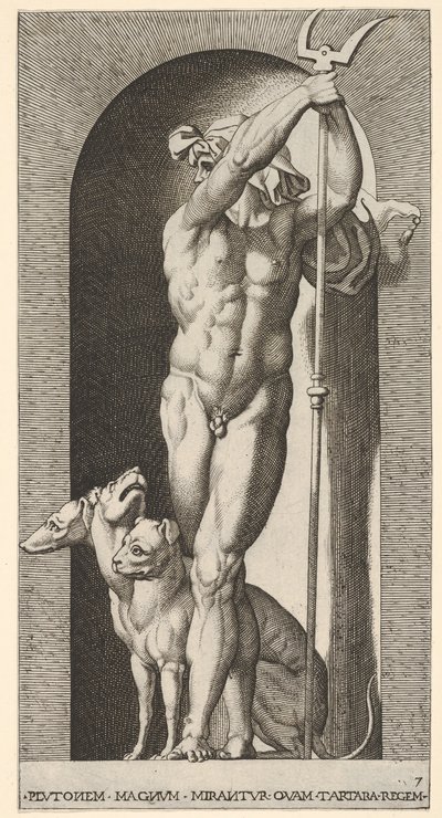 Placa 7: Plutón en un nicho, sosteniendo un bidente, con Cerbero a su lado, de una serie de m... de Giovanni Jacopo Caraglio