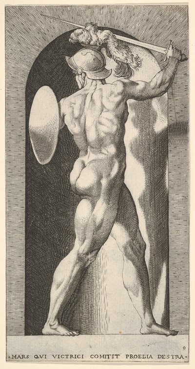 Placa 9: Marte en un nicho, sosteniendo una espada sobre su cabeza con su brazo derecho, y un escudo, 1526 de Giovanni Jacopo Caraglio