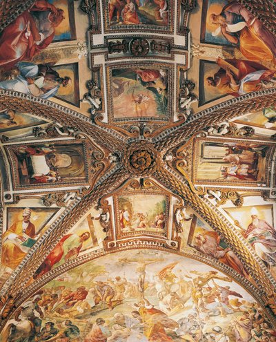 Detalle de la bóveda del presbiterio que representa la Crucifixión, por Giovanni Lanfranco (1582-1647), y escenas del Antiguo y Nuevo Testamento, por Giovanni Bernardino Azzolino (1572-1645), Certosa de San Martino, Nápoles, Campania, Italia de Giovanni Lanfranco