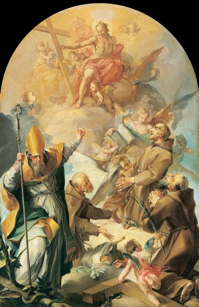 Tres santos capuchinos y un obispo adorando a Cristo y la cruz de Giovanni Lanfranco