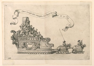 Carroza en Reggio, Italia: "Carro triunfal de la Compañía de San Roque". Placa 2b de A. Isacchi, "Relación de Alfonso Isachi sobre el origen, solemnidad, traslación y milagros de la Madonna" de Giovanni Luigi Valesio