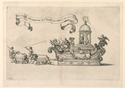 Carroza de desfile en Reggio, Italia: "Carro trionfale della Confraternità del S.to Sacrame.to di S. Stefano" (El carro triunfal de la Cofradía del Santísimo Sacramento de San Esteban). Lámina 2a de A. Isacchi, "Relatione di Alfonso Isachi intorno l