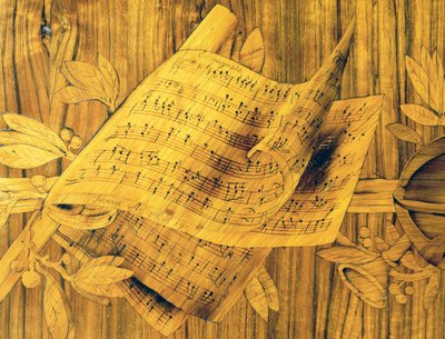 Partitura musical, parte central de marquetería en mueble esquinero con una sola puerta grande, de Giovanni Maffezzoli (1779-1818), alumno de Giuseppe Maggiolini, firmada y fechada en 1798, Italia de Giovanni Maffezzoli