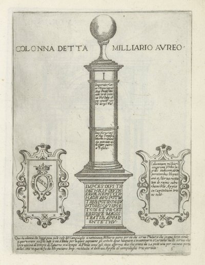 Las millas de oro Colonna detta Milliario Aureo (título sobre objeto) Moderne en antieke monumentos en bouwwerken en Roma (título de la serie) Ornamenti di fabriche antichi et modern dell