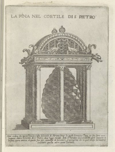 De Pigna te Vaticaanstand La Pina en el Cortile di S. Pietro (título sobre objeto) Moderne en antieke Monumenten en bouwwerken en Roma (título de la serie) Adornos de edificios antiguos y modernos de la ciudad alma de Roma (título de la serie) de Giovanni Maggi