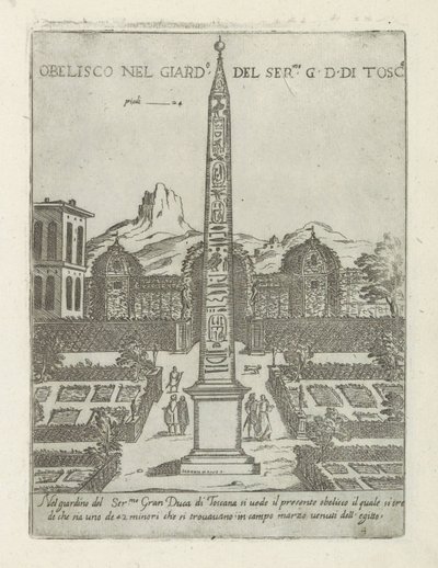 Obelisco egipcio en el jardín de Villa Medici en Roma Obelisco nel giard.o del ser.mo G. D. Di Tosc.a (título sobre objeto) Monumentos y edificios modernos y antiguos en Roma (título de la serie) Ornamenti di fabriche antichi et moderni dell
