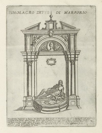 Fuente con la estatua de Marforio Simolacro detto di Marforio (título sobre objeto) Monumentos y edificios modernos y antiguos en Roma (título de la serie) Ornamenti di fabriche antichi et moderni dell