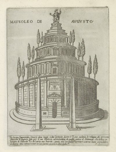 Mausoleo de Augusto en Roma Mausoleo di Augusto (título sobre objeto) Monumentos y edificios modernos y antiguos en Roma (título de la serie) Ornamenti di fabriche antichi et moderni dell