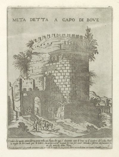 Tombe van Caecilia Metella te Roma Meta dijo a la cabeza de buey (título sobre objeto) Moderne en antieke Monumenten en bouwwerken en Roma (título de la serie) Adornos de edificios antiguos y modernos de la ciudad alma de Roma (título de la serie) de Giovanni Maggi