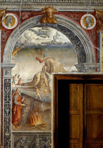 Signo del Zodiaco: “Los Piscis” Medallones superiores con retratos del emperador Caracalla y su hermano Geta. Abajo, leyenda asociada con el nacimiento de la constelación correspondiente al signo: escena de pesca. Fresco atribuido a Giovanni Maria Falcon de Giovanni Maria Falconetto