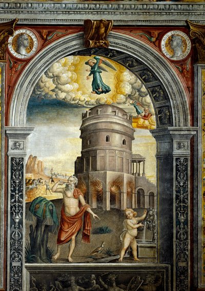 Signo del Zodiaco: “La Virgen” Medallones superiores con retratos de los emperadores Tito y Domiciano. Abajo, leyenda asociada con el nacimiento de la constelación correspondiente al signo: un hombre bebiendo frente al mausoleo de Teodorico en Rávena. F de Giovanni Maria Falconetto