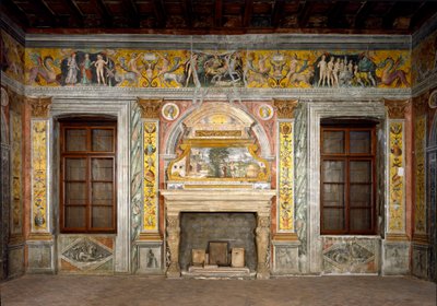 Signo del Zodiaco: “La balanza” Medallones superiores con retratos de los emperadores Adriano y Antonino Pío. El fresco se ha deteriorado. Fresco atribuido a Giovanni Maria Falconetto (1468-1534) alrededor de 1520 Mantua, Palazzo d