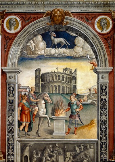 Signo del zodiaco: El carnero. Medallones superiores con retratos de Julio César y Augusto. Abajo, leyenda asociada con el nacimiento de la constelación correspondiente al signo: Cayo Mucio Escévola, introducido en el campamento enemigo de los etruscos. de Giovanni Maria Falconetto