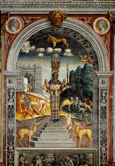 Signo del Zodiaco: “El león” Medallones superiores con retratos de los emperadores Vitelio y Vespasiano. Abajo, leyenda asociada con el nacimiento de la constelación correspondiente al signo: la deidad Artemisa de Éfeso. Fresco atribuido a Giovanni Mar de Giovanni Maria Falconetto