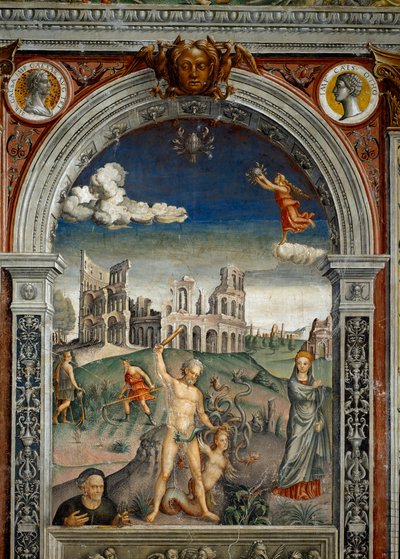 Signo del Zodiaco: “Cáncer” Abajo, leyenda asociada con el nacimiento de la constelación correspondiente al signo: Hércules matando a la Hidra de Lerna frente al Coliseo de Roma. Medallones superiores con retratos de los emperadores Galba y Otón. Fresco de Giovanni Maria Falconetto