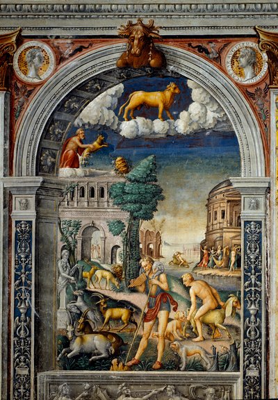 Signo del zodiaco: El toro. Medallones superiores con retratos de Tiberio y Calígula. Abajo, leyenda asociada con el nacimiento de la constelación correspondiente al signo: el dios Pan tocando la flauta. A la izquierda, una cabra pone a un pequeño. de Giovanni Maria Falconetto