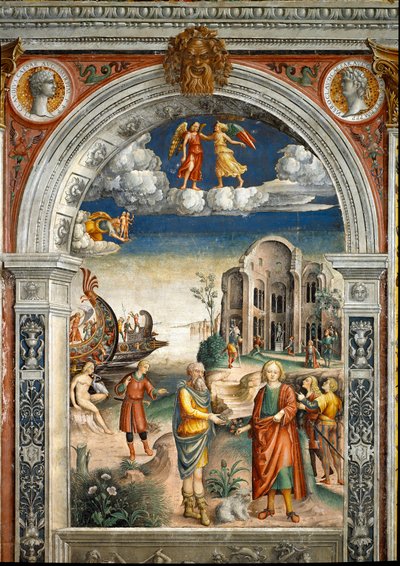 Signo del zodiaco: “Los gemelos” Abajo, leyenda asociada con el nacimiento de la constelación correspondiente al signo: dos hombres intercambian una alcachofa y flores. Una mujer besa a un pájaro, hombres en el fondo invocan al dios Neptuno. Medallones sup de Giovanni Maria Falconetto