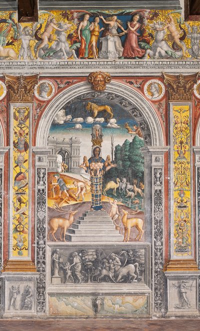 El signo astrológico de Leo con Diana, dos ciervos y un sátiro como en un sarcófago en Bleinhaim Palac; al fondo el Arco degli Argentari en Roma y Hércules luchando contra el león de Nemea, Cámara del Zodiaco de Giovanni Maria Falconetto