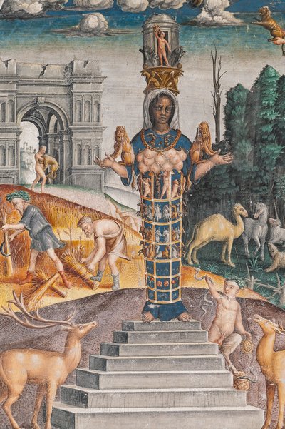 El signo astrológico de Leo con Diana, dos ciervos y un sátiro como en un sarcófago en el Palacio de Bleinhaim; al fondo el Arco degli Argentari en Roma y Hércules luchando contra el león de Nemea, Cámara del Zodiaco, detalle de Giovanni Maria Falconetto