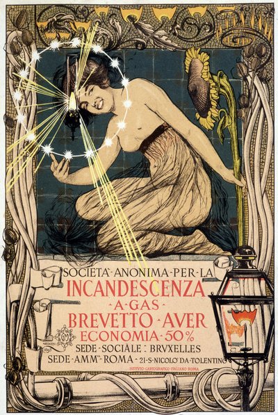 Publicidad para lámpara de gas incandescente, por Mataloni, Italia de Giovanni Maria Mataloni