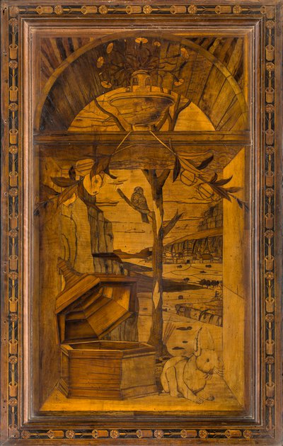 Coro canónico de madera, taraceado por Giovanni Maria Platina 1484, Sitial superior de Giovanni Maria Platina