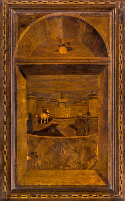 Coro Canónico de Lignaean, Incrustado por Giovanni Maria Platina 1484, Silla Superior, Vista del Castillo Sforzesco de Milán de Giovanni Maria Platina